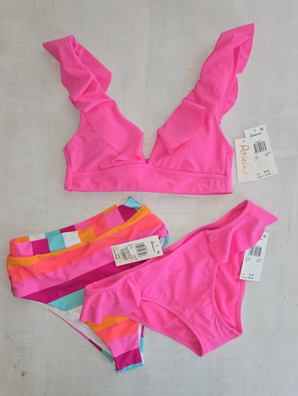 RAISINS Pink Ruffle Bikini Top with Mix-Stripe and Solid Bottoms NWT Size XS
